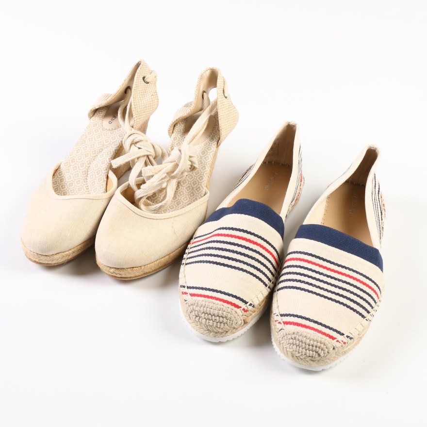 Lands' End Cara Espadrille Wedges in Linen and Flat Espadrilles in Ivory Striped