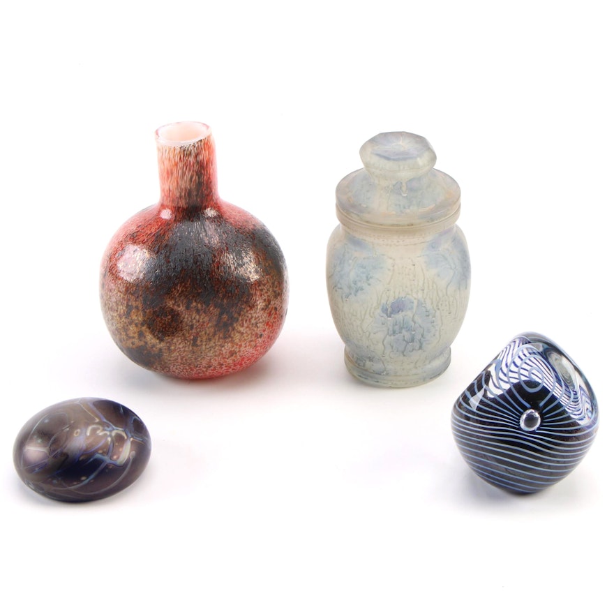 Art Glass Paperweights with Cased Glass Vase and Italian Lidded Jar