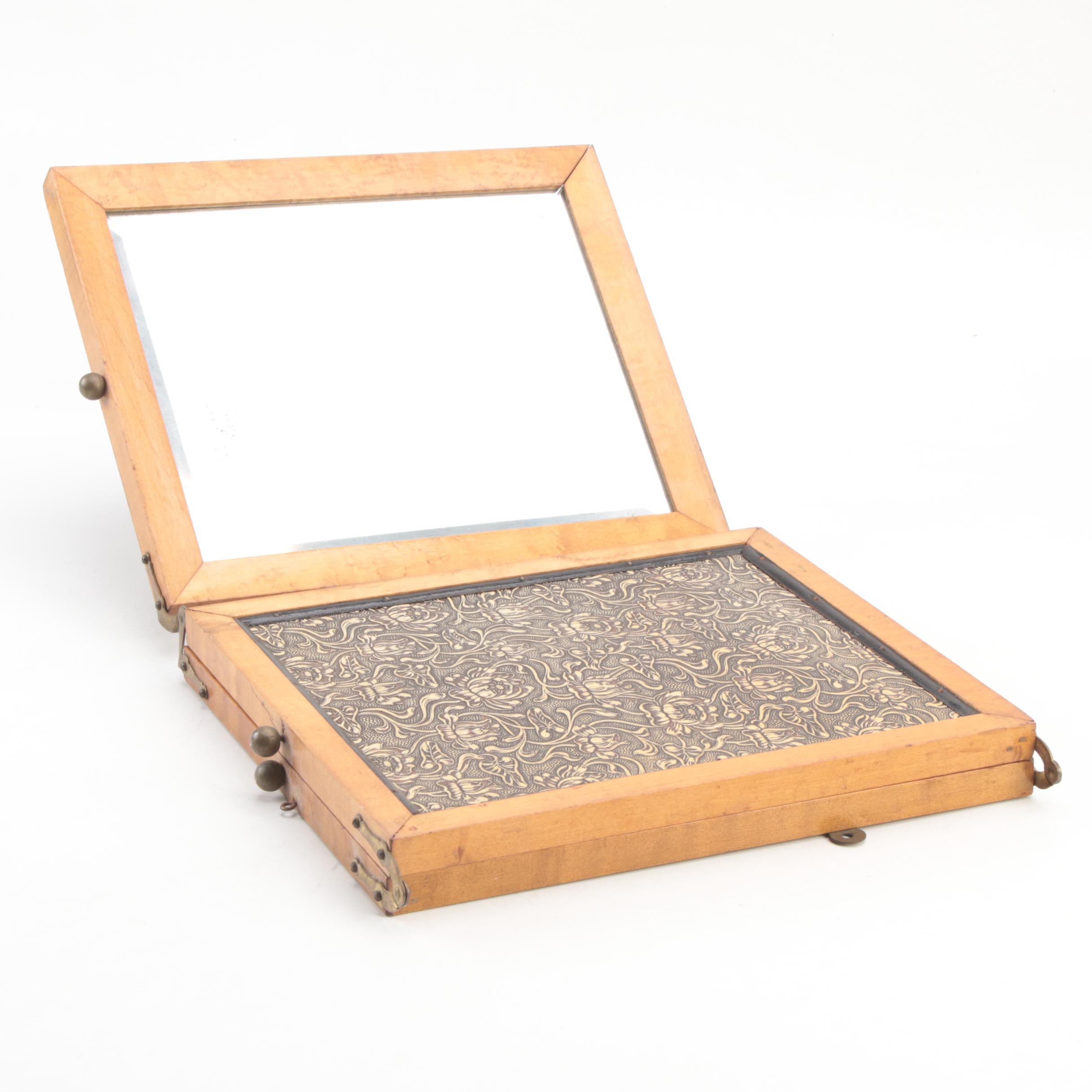 Art Nouveau Tooled Leather Folding Triptych Beveled Vanity Mirror