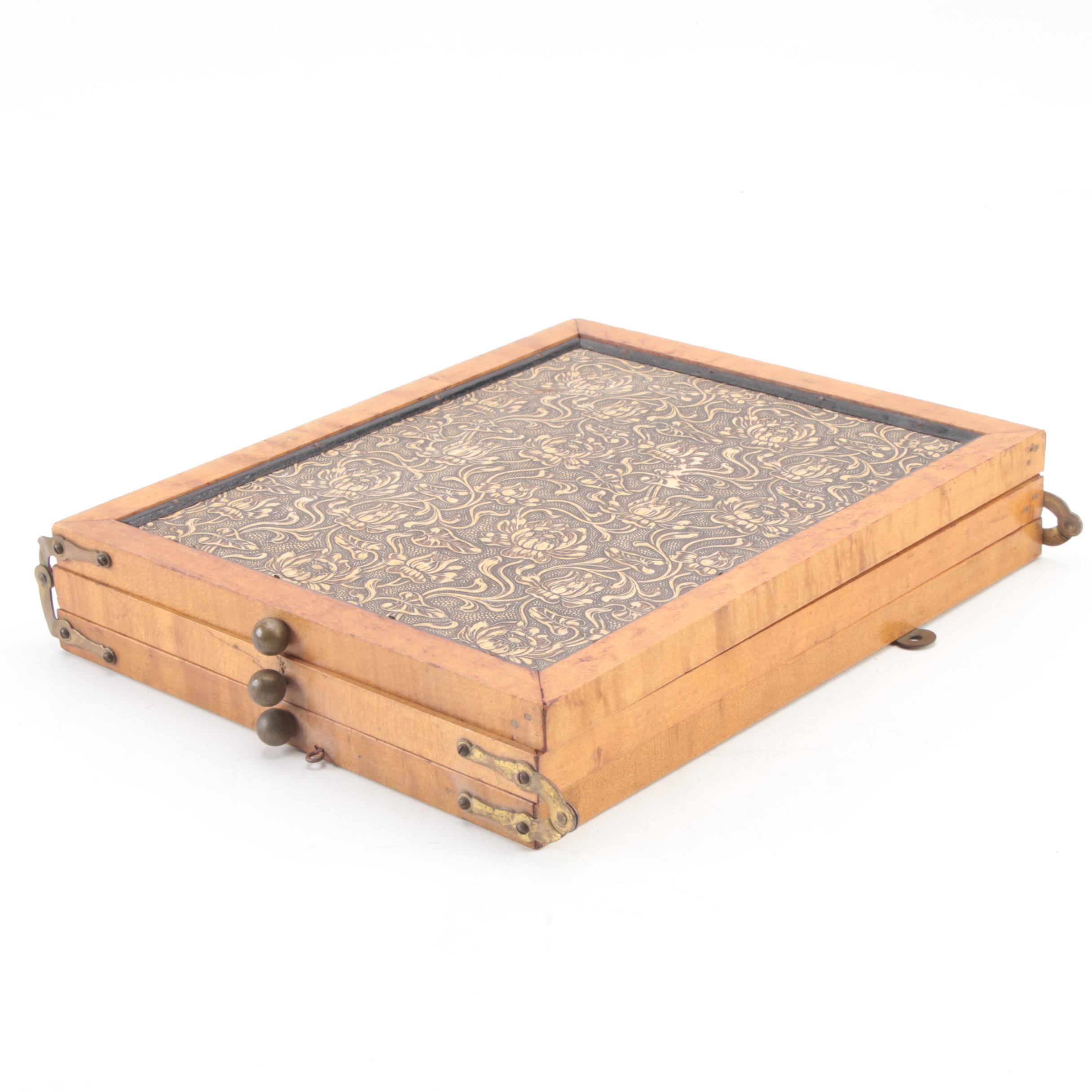 Art Nouveau Tooled Leather Folding Triptych Beveled Vanity Mirror