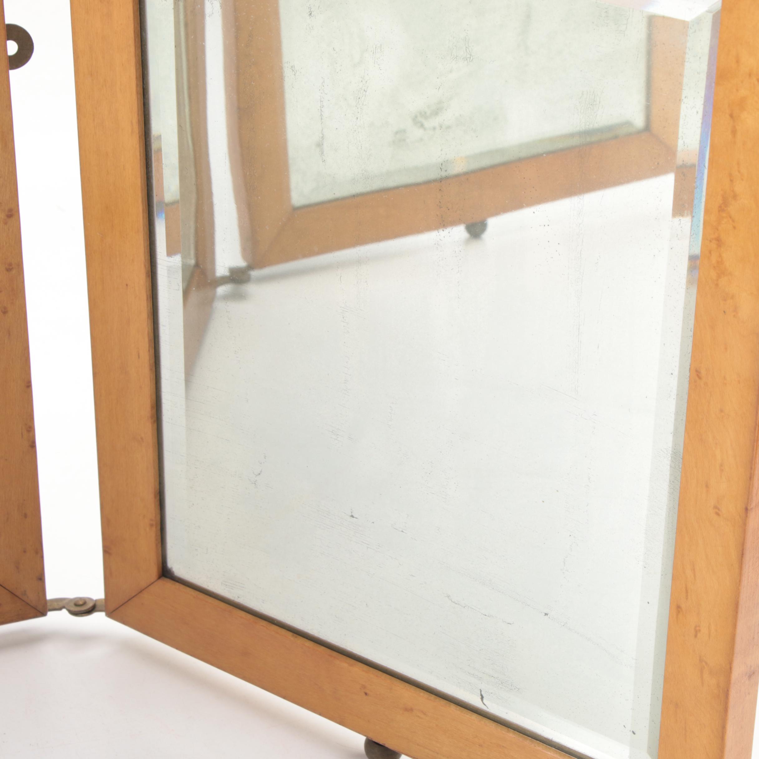 Art Nouveau Tooled Leather Folding Triptych Beveled Vanity Mirror