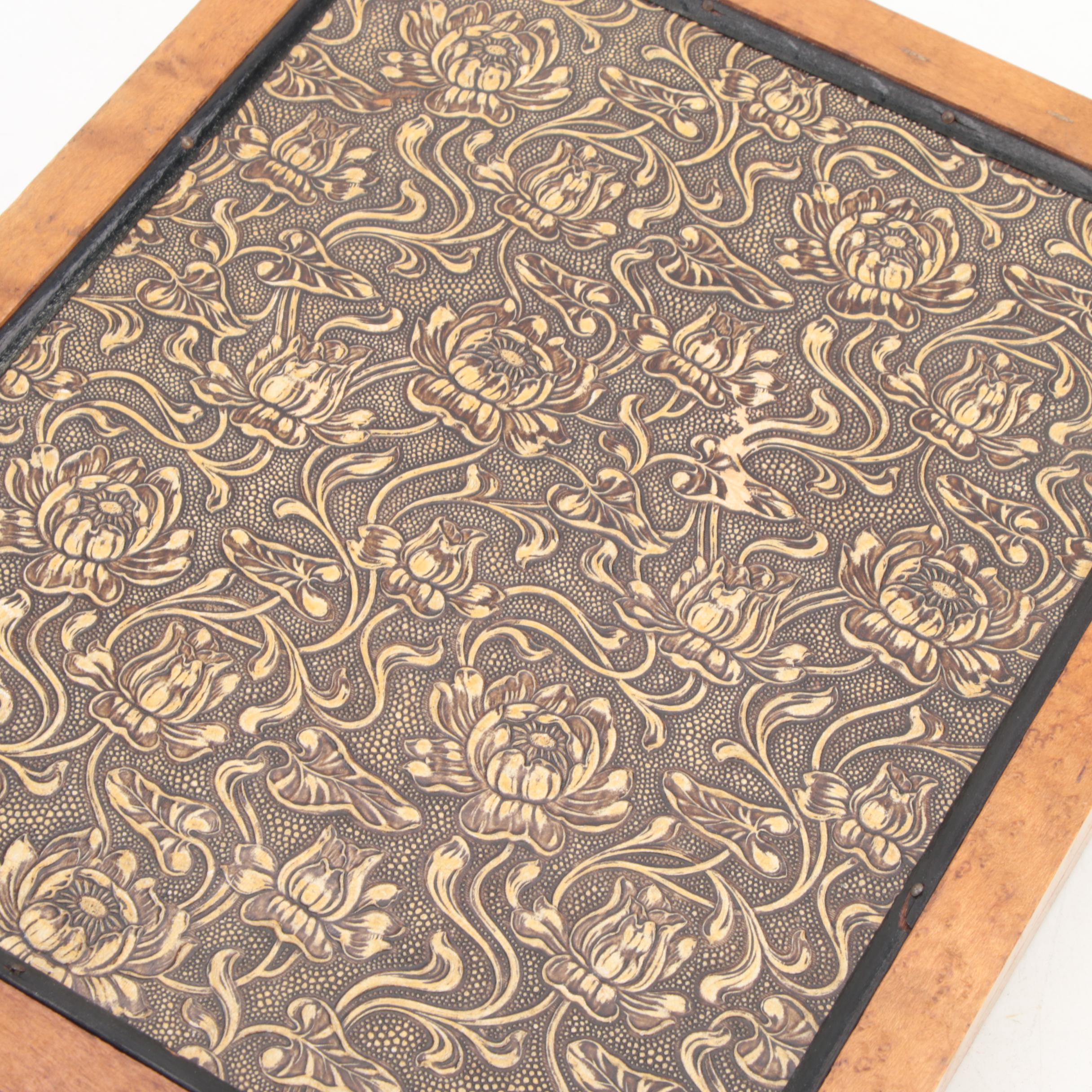 Art Nouveau Tooled Leather Folding Triptych Beveled Vanity Mirror