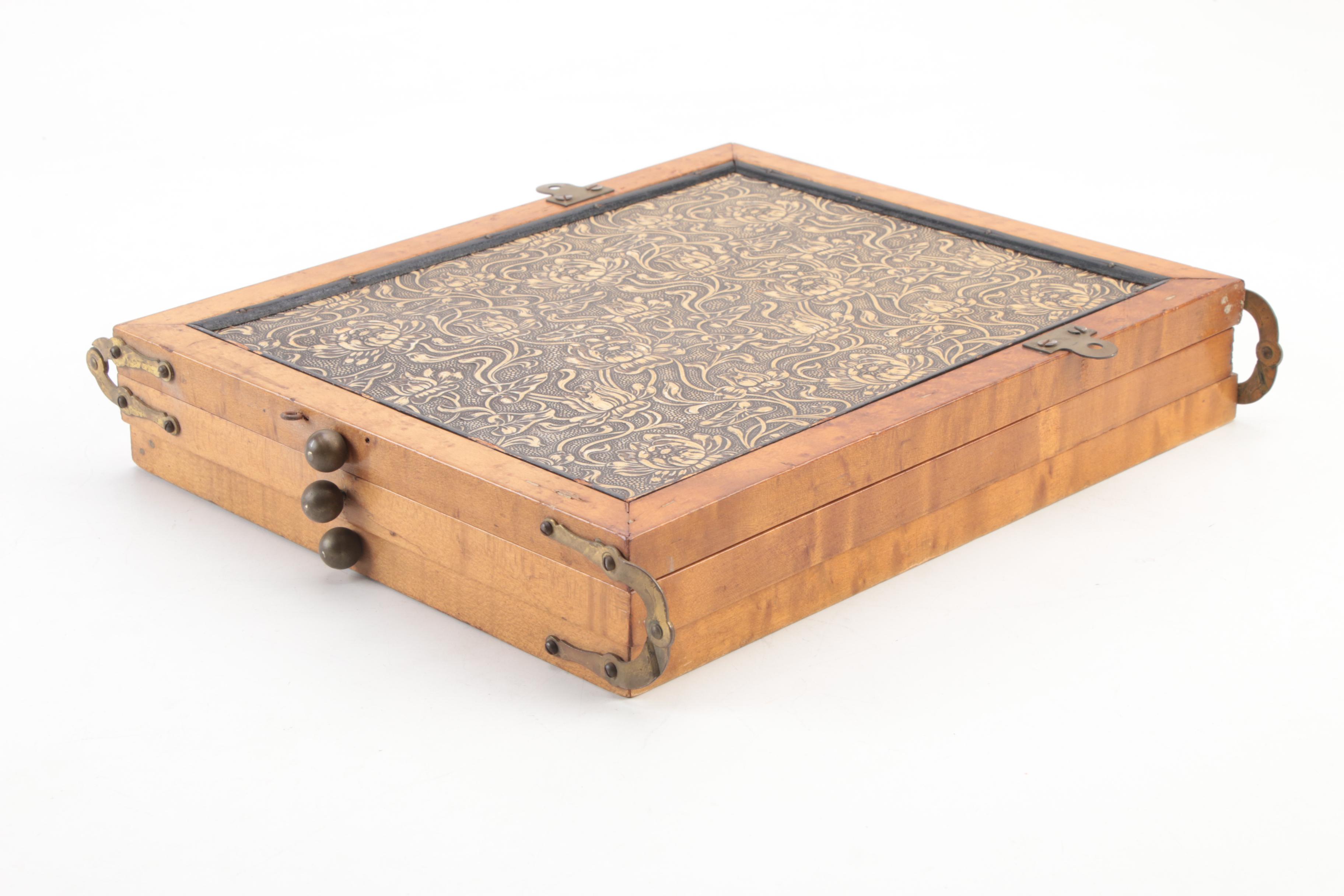 Art Nouveau Tooled Leather Folding Triptych Beveled Vanity Mirror