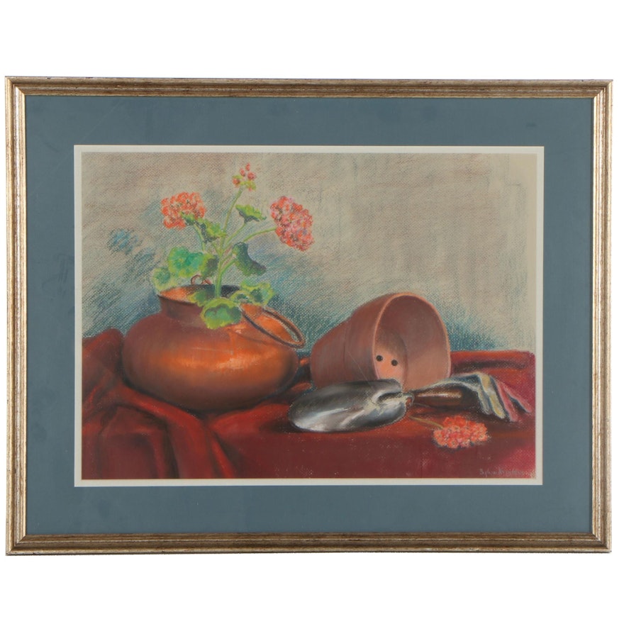 Sylvia Weinberg Still Life Pastel Drawing of Flowers and Clay Pot