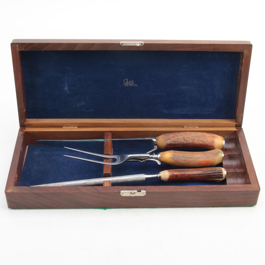 Antler Handled Stainless Steel Cutlery Set with Case, Late 20th Century