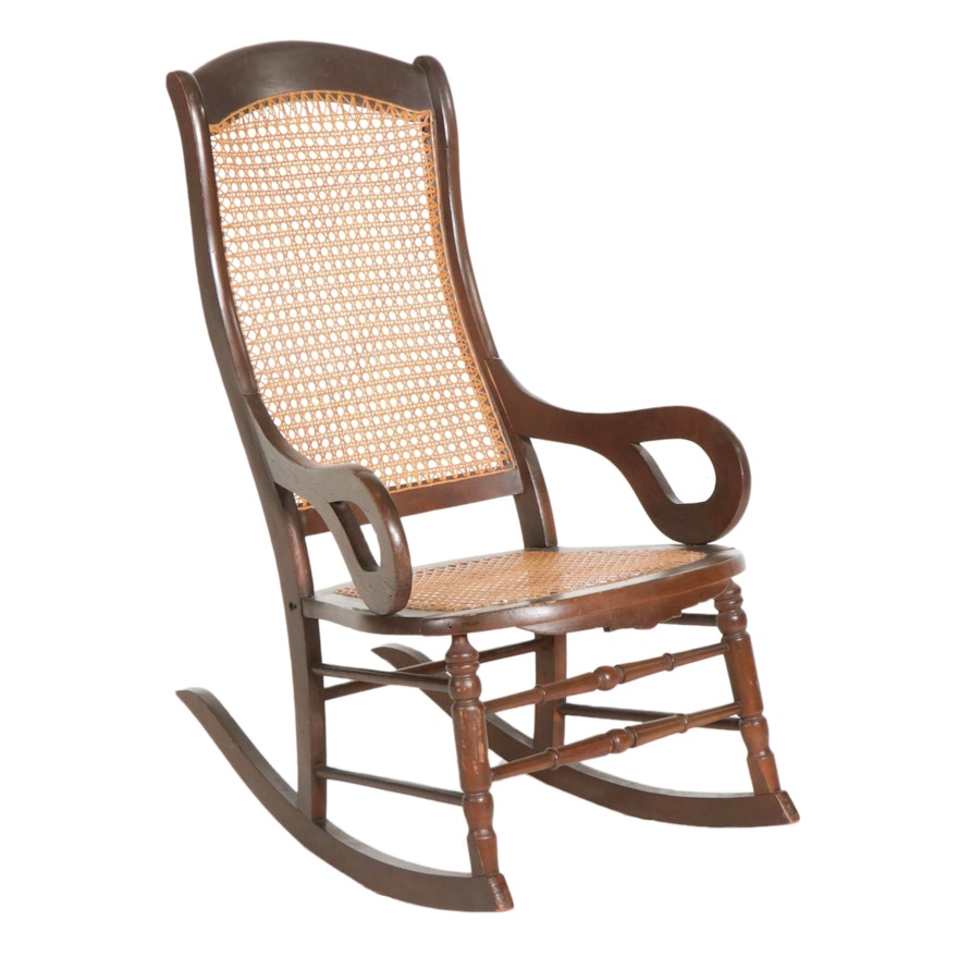 Wooden Rocking Chair with Cane Seating, Mid-20th Century