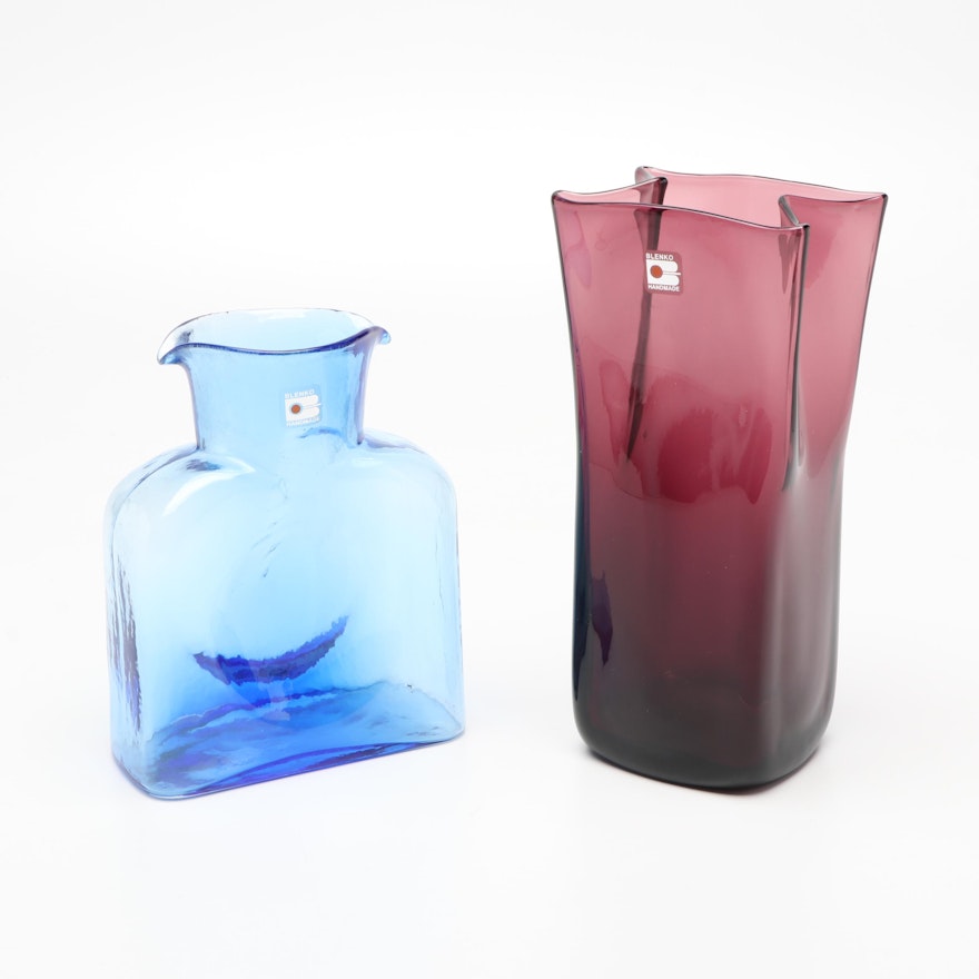 Blenko Blown Glass Paper Bag Vase in Amethyst with Blenko Water Bottle