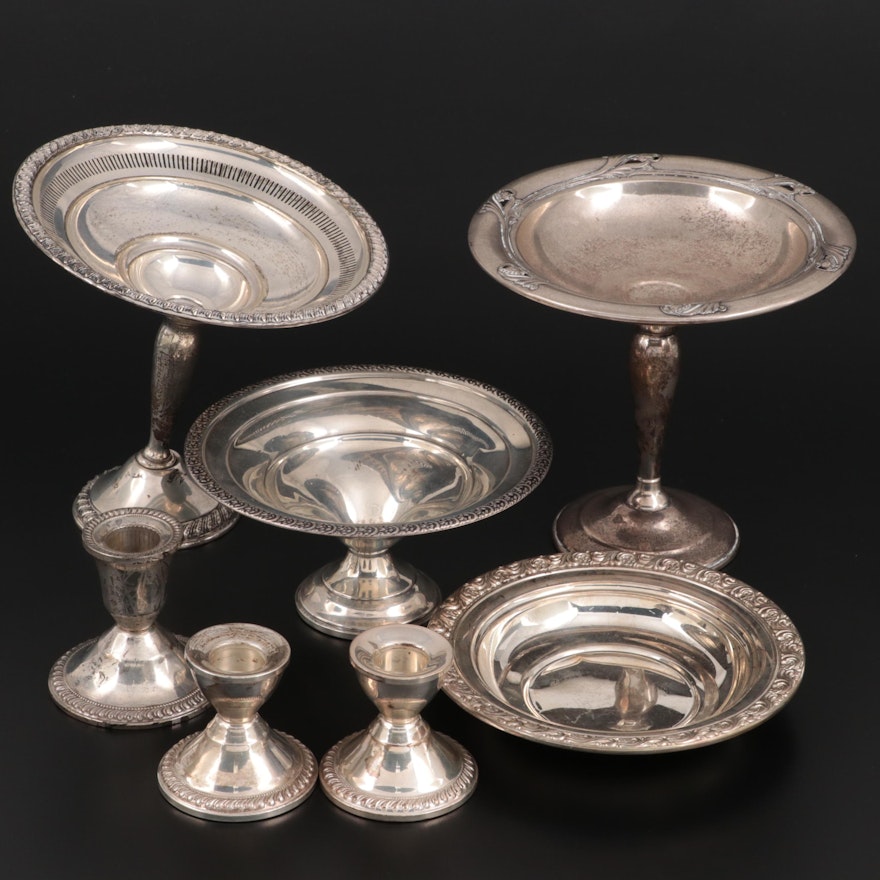 Sterling and Weighted Sterling Silver Compotes and Candle Holders and Bowl