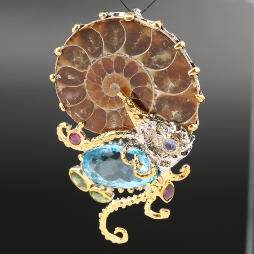 Sterling Silver Ammonite and Gemstone Biomorphic Pendant