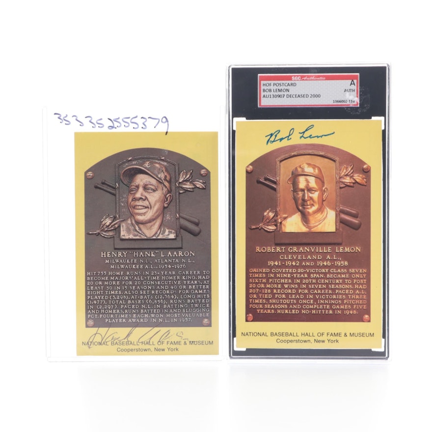 Hank Aaron and Bob Lemon Signed Cooperstown Hall of Fame Placard Postcards