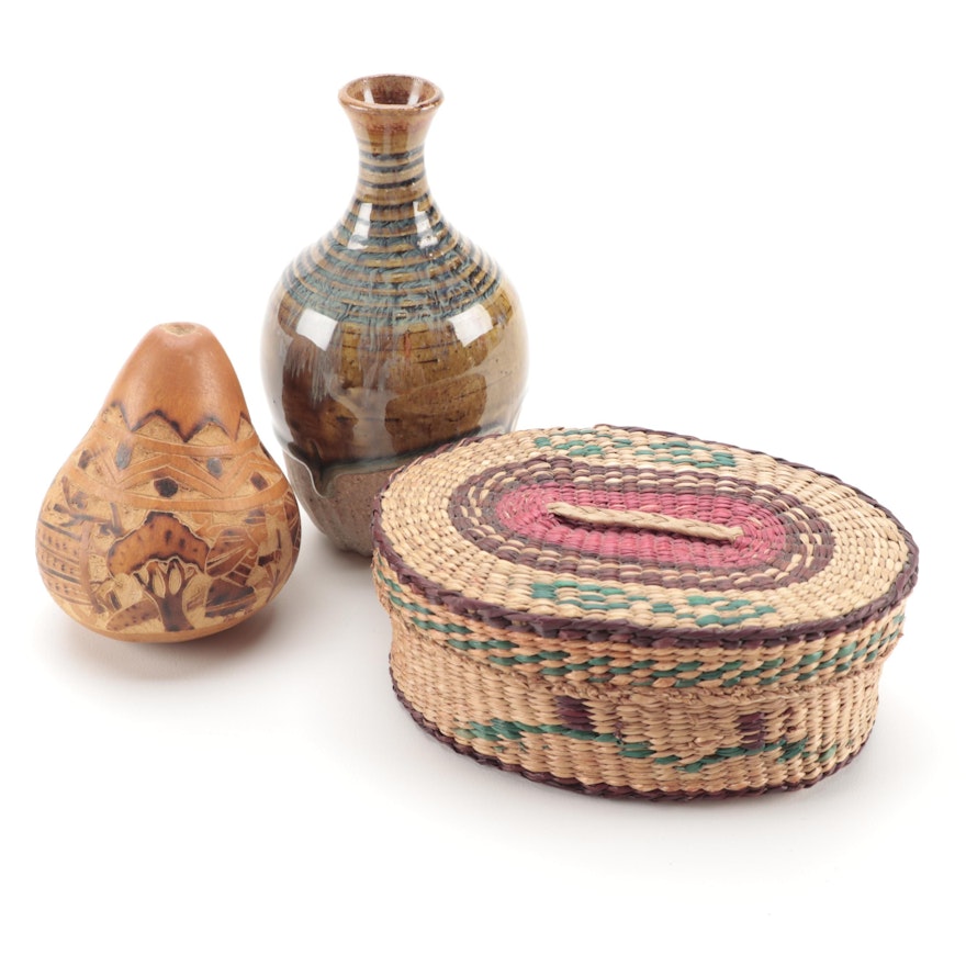 Peruvian Carved Story Gourd with Hand Woven Basket and Pottery Bud Vase