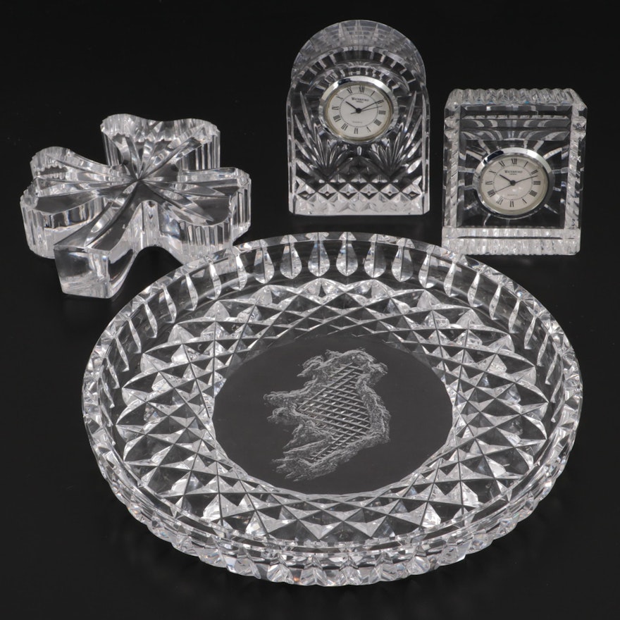 Waterford Crystal Island of Ireland Tray and Desk Clocks and Shamrock