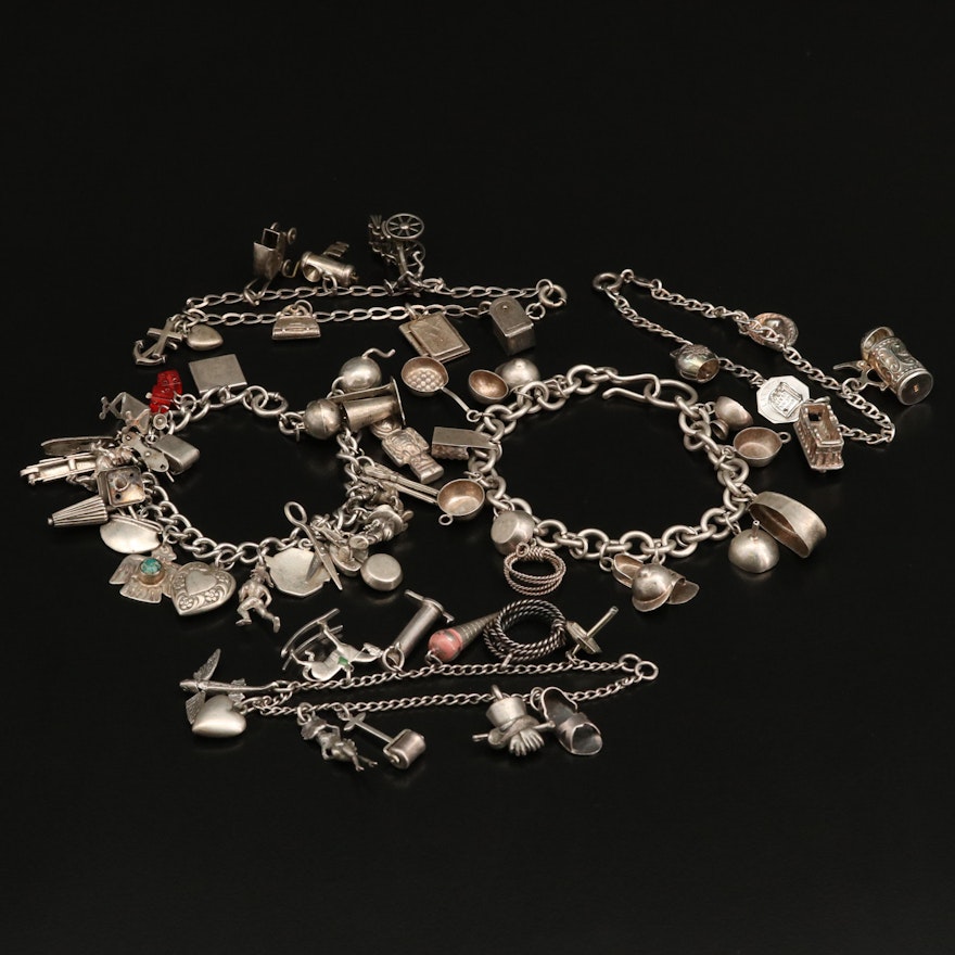 Vintage Charm Bracelets Featuring 800 Silver and Sterling