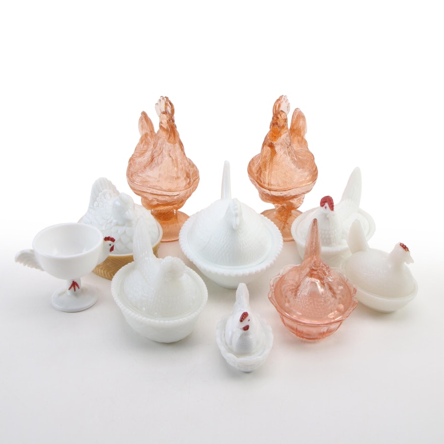 Avon and Other Chicken Nesting in Basket Molded Glass and Ceramic Lidded Boxes