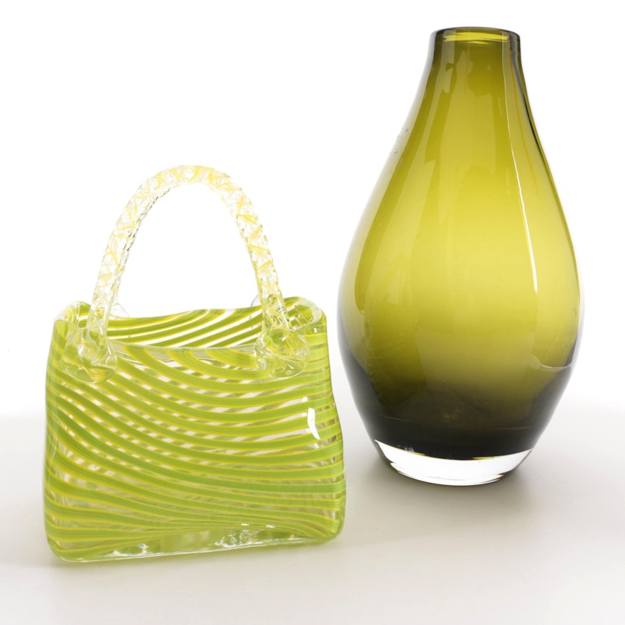 Decorative Blown Art Glass Purse with Art Glass Vase