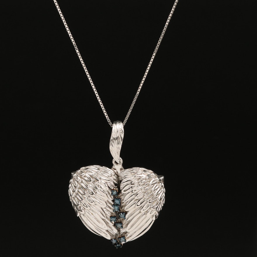 Sterling Diamond Winged Heart Locket Pendant Necklace