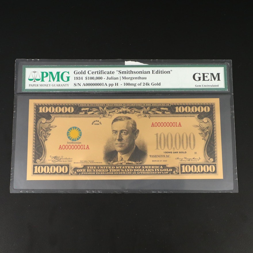Gem Uncirculated "Smithsonian Edition" $100,000 Gold-Plated Gold Certificate