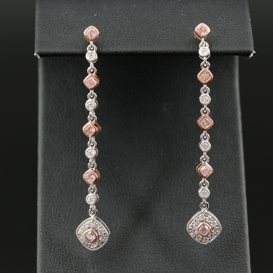18K 1.09 CTW Diamond Drop Earrings with Rose Gold Accents