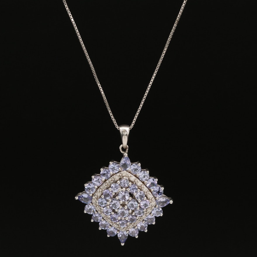 Sterling Silver Tanzanite and Diamond Pendant Necklace