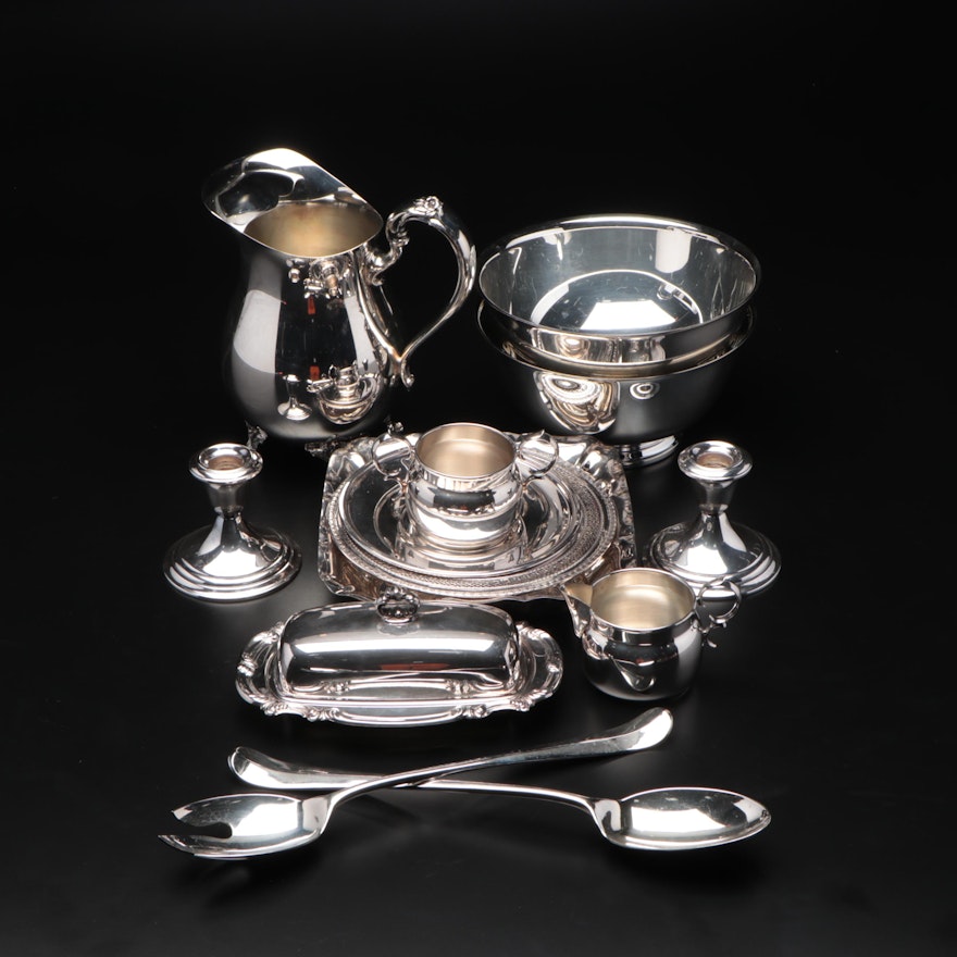 Silver Plate Bowls, Butter Server, Candlesticks, and Other Table Accessories