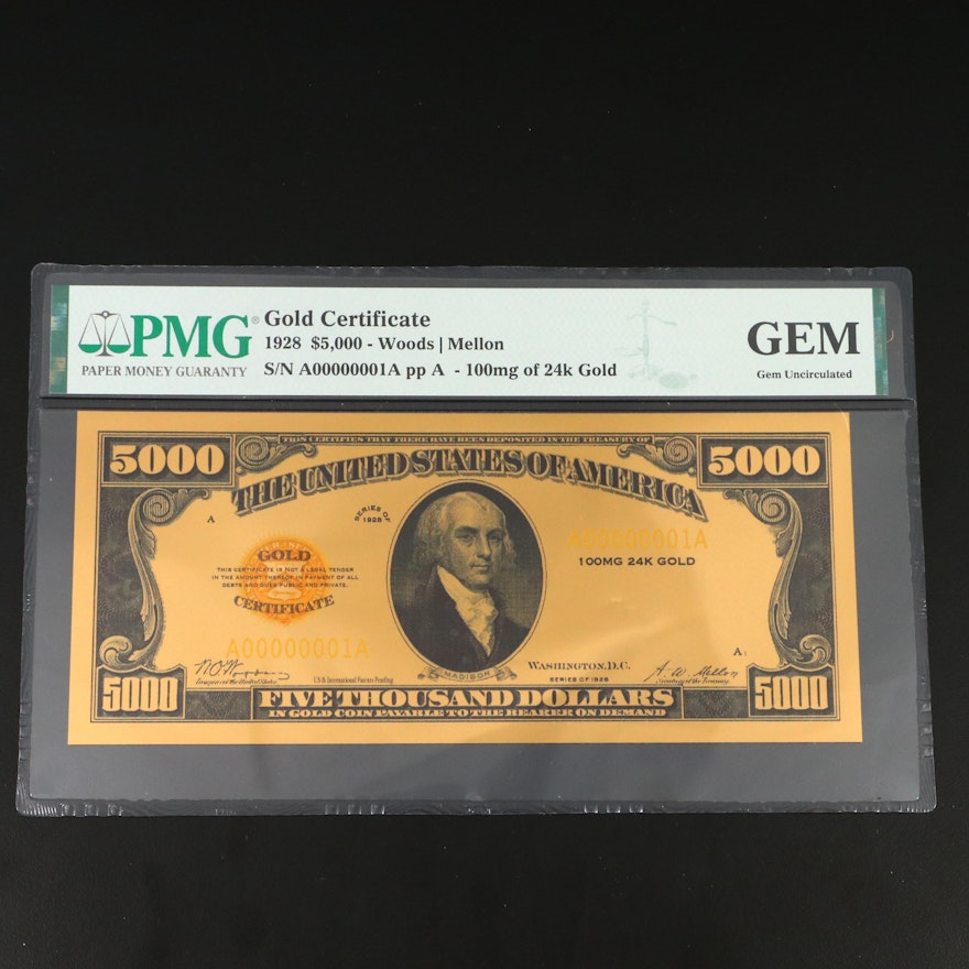 PMG Graded Gem Uncirculated Reproduction $5,000 Gold-Plated Gold Certificate