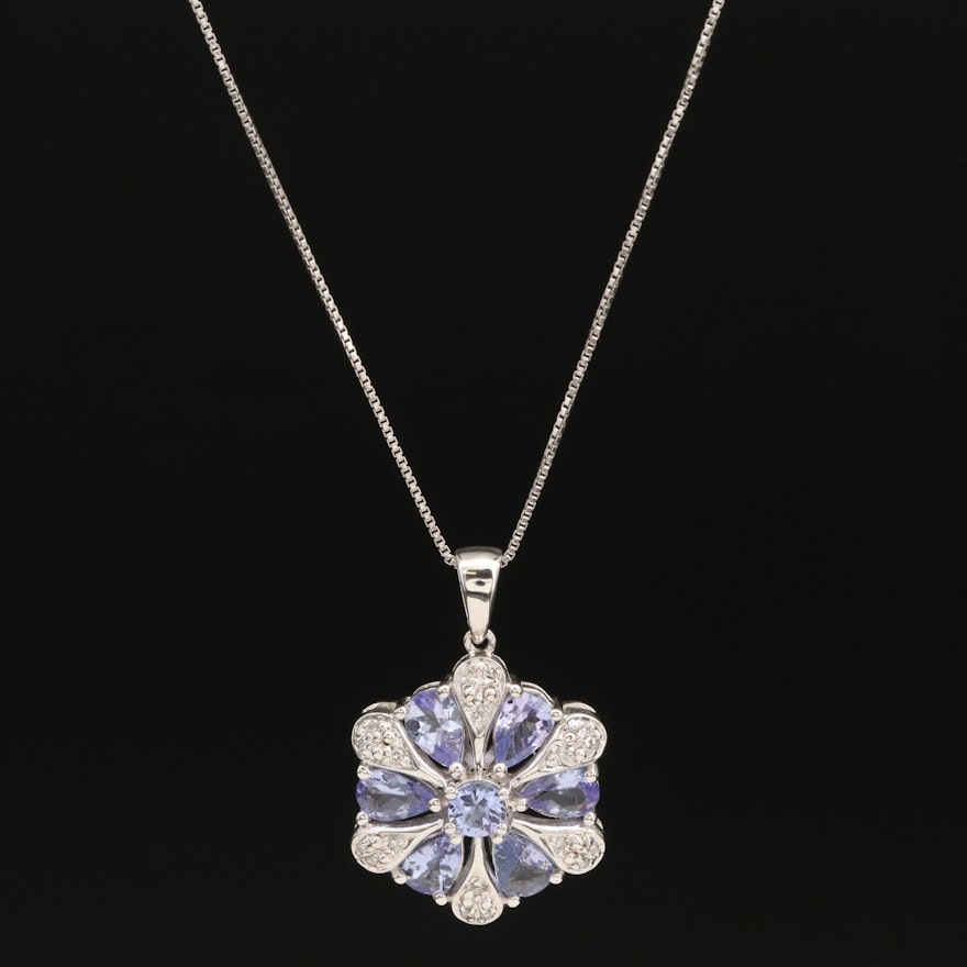 Sterling Tanzanite and Diamond Flower Pendant Necklace