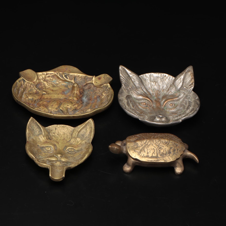 Brass and Silver Plate Repousse Animal Ashtrays