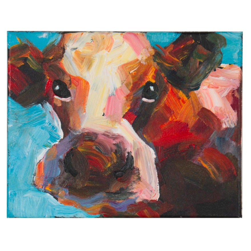 Elle Raines Acrylic Painting of Cow, 21st Century