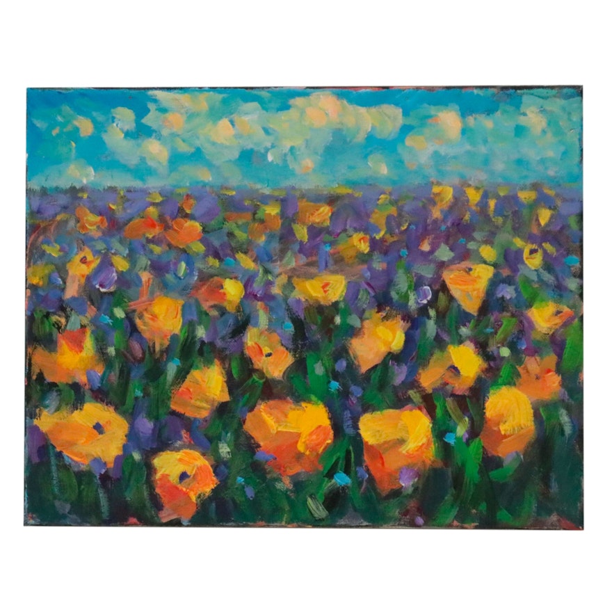 Leira Veylin Acrylic Painting of Flower Field, 21st Century