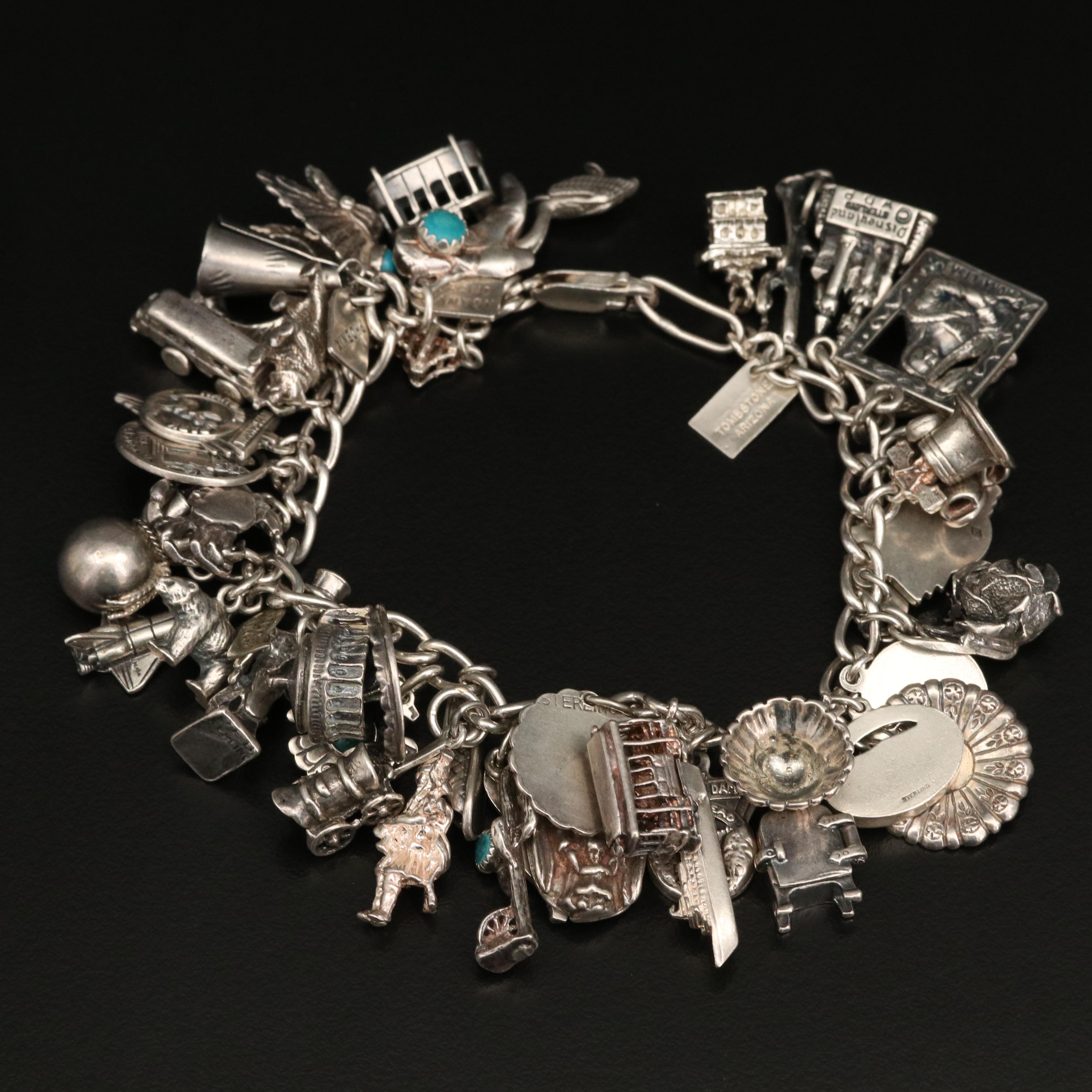 Vintage Sterling Charm Bracelet with Disneyland Castle and Bell Trading Co.