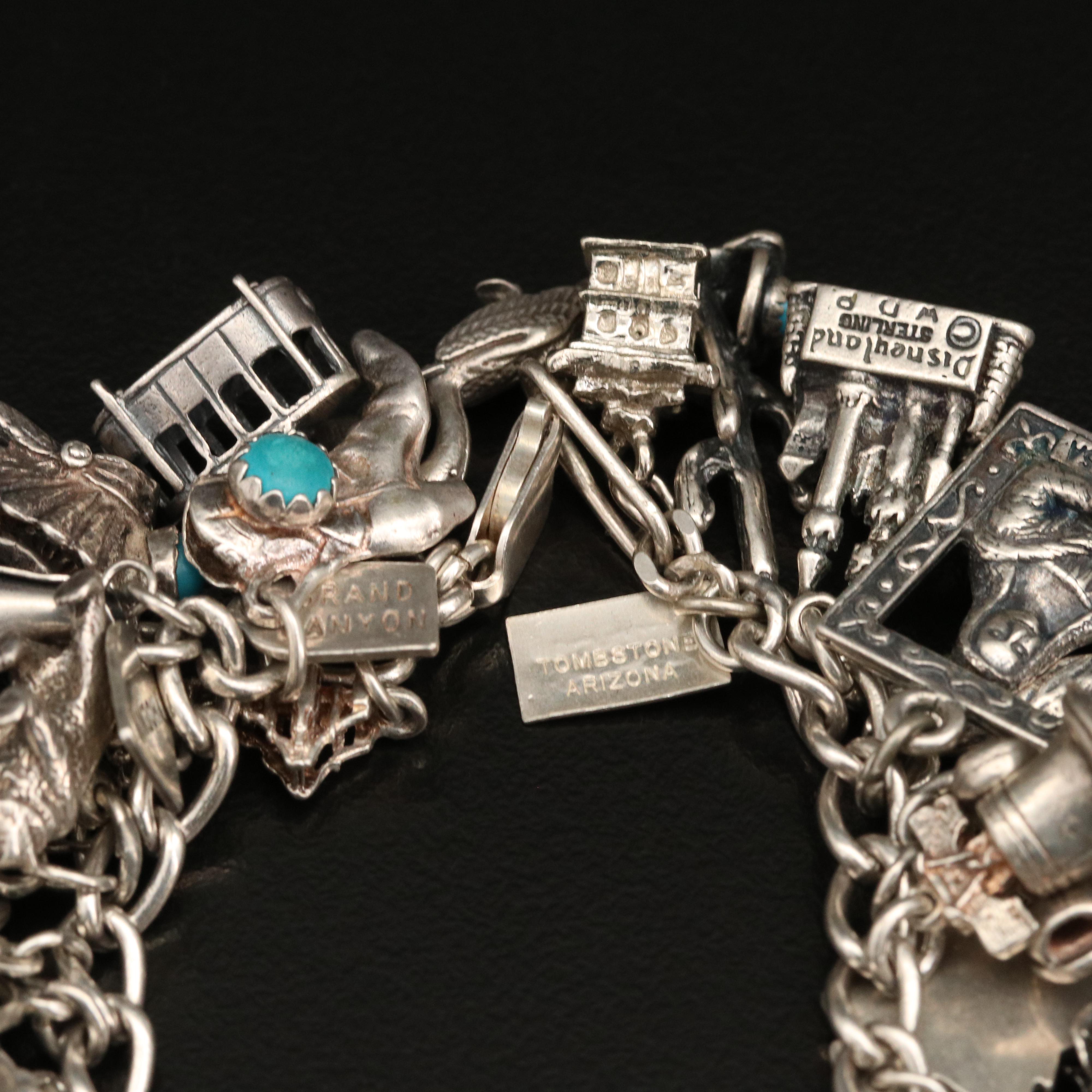 Vintage Sterling Charm Bracelet with Disneyland Castle and Bell Trading Co.