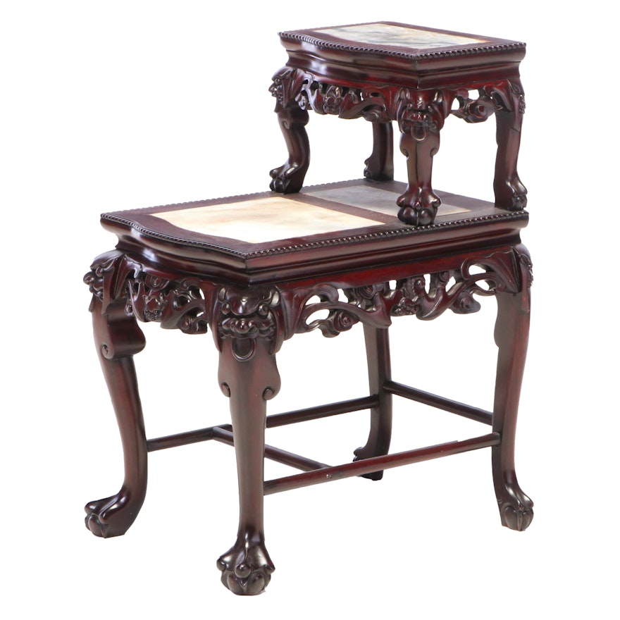 Chinese Carved Hardwood and Marble Top Stepback Side Table