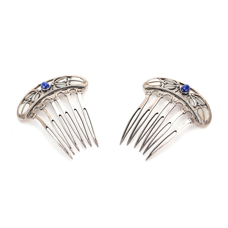 Sterling Silver Openwork Hair Combs with Polished Cabochons