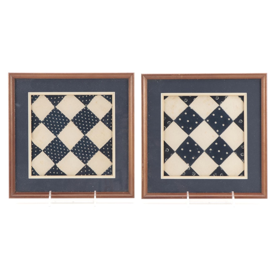 Handmade Checkerboard Patchwork Display Quilt Blocks, Early to Mid-20th Century