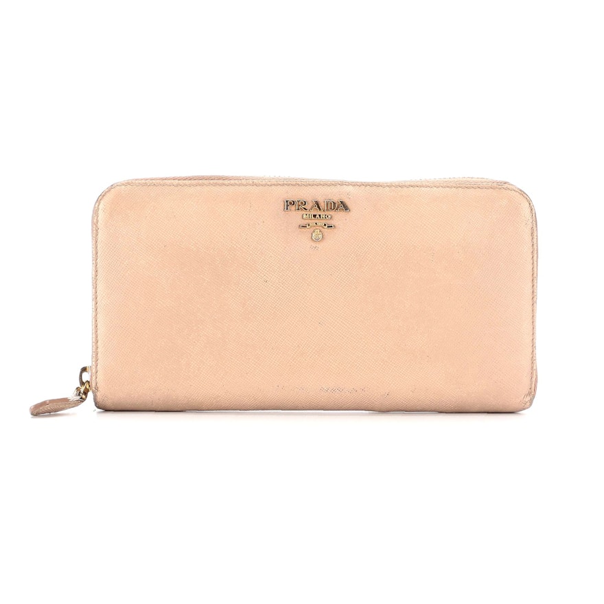 Prada Zip Wallet in Beige Saffiano Leather