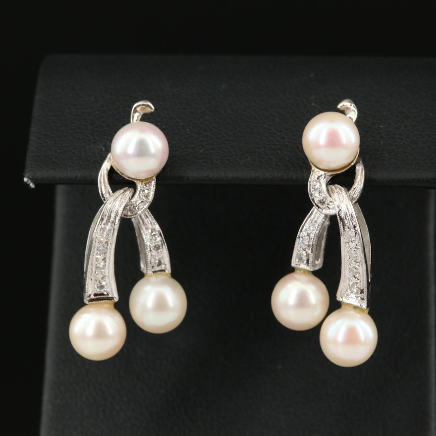 14K Pearl and Diamond Drop Earrings