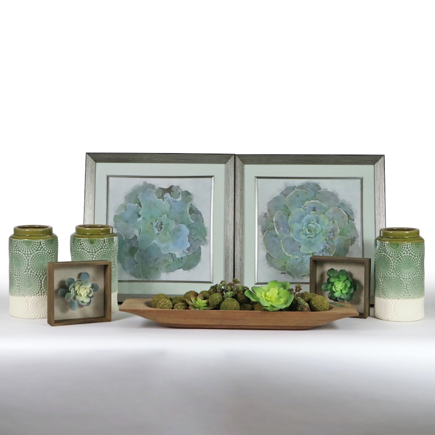 Botanical Offset Lithographs, Glazed Ceramic Vases, & Other Decor