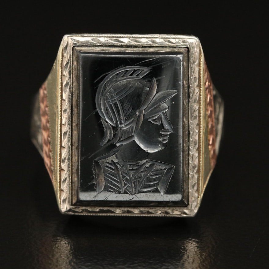 Tri-Color Vintage 14K Carved Hematite Intaglio Ring