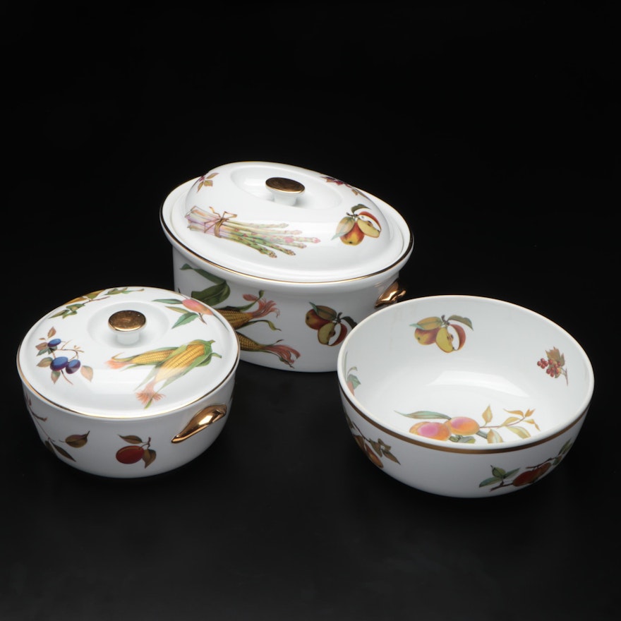 Royal Worcester "Evesham Gold" Porcelain Covered Serving Dishes and Fruit Bowl