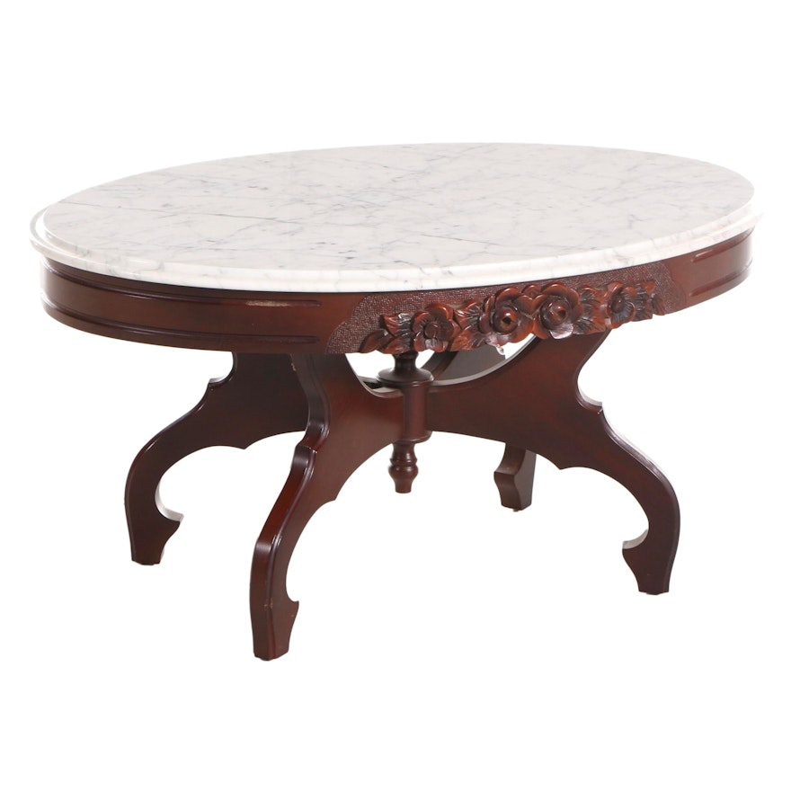 Victorian Style Mahogany-Finish and Marble Top Coffee Table