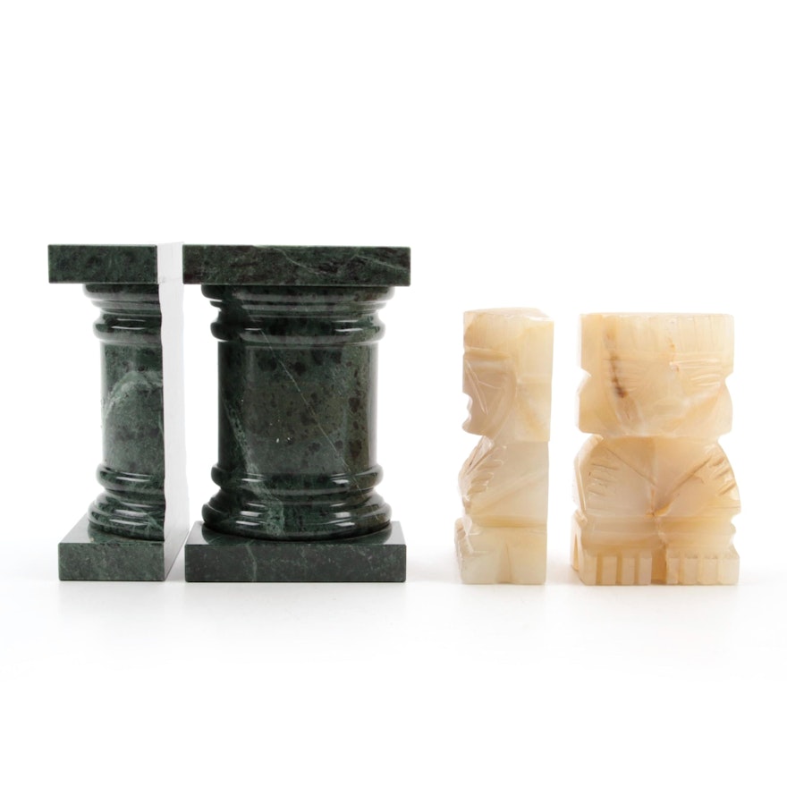 Carved Alabaster and Marble Bookends, Mid to Late 20th Century