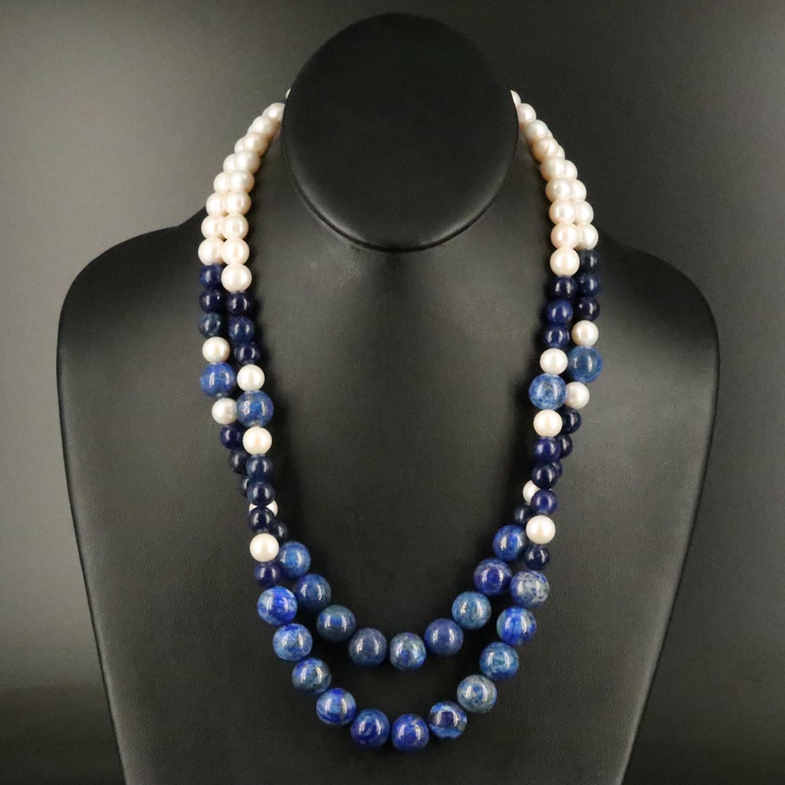 Graduated Lapis Lauzuli and Pearl Double Strand Necklace with 14K Clasp