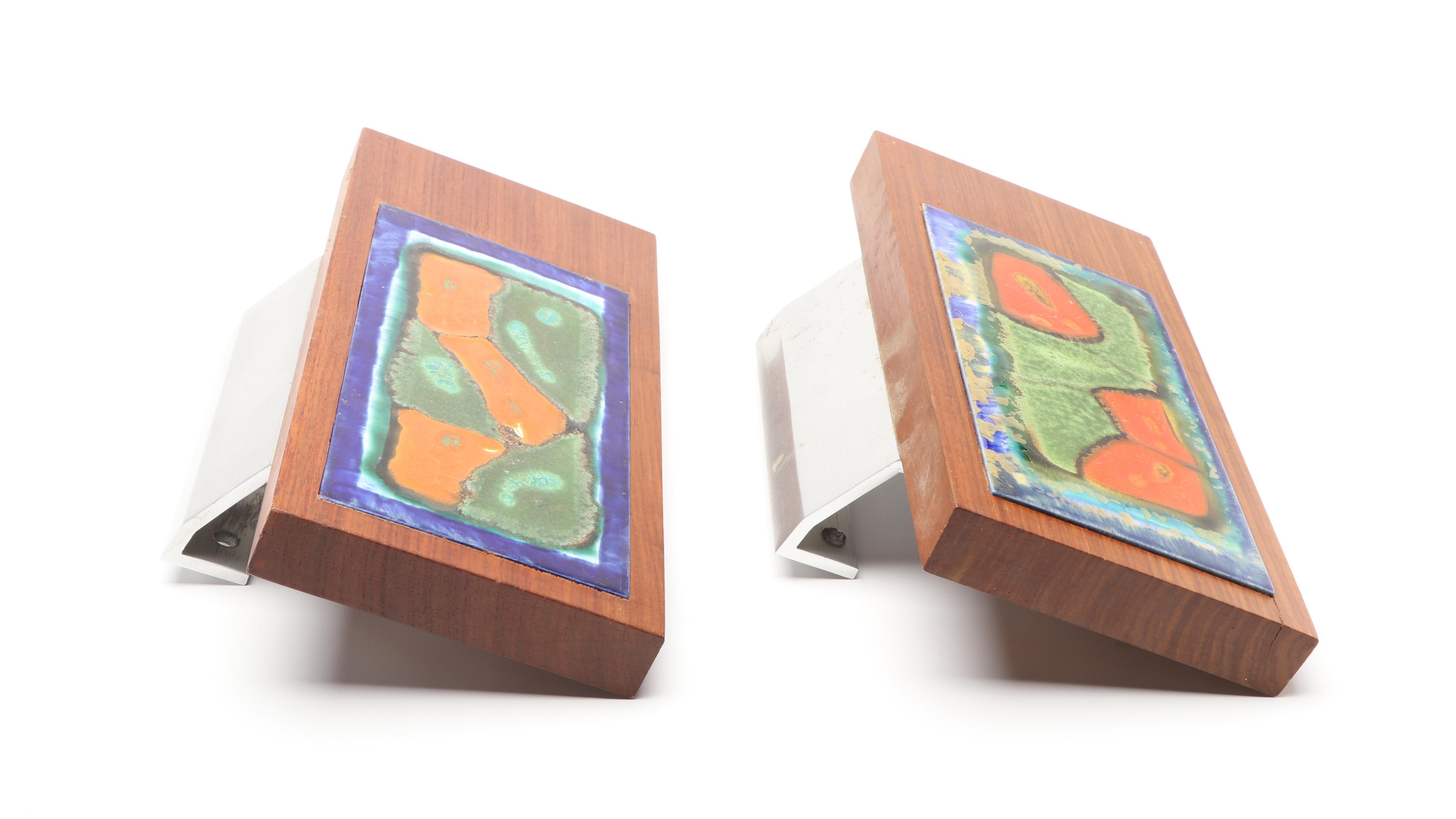 Pair of Mid Century Modern Abstract Enameled Copper and Walnut Door Handles