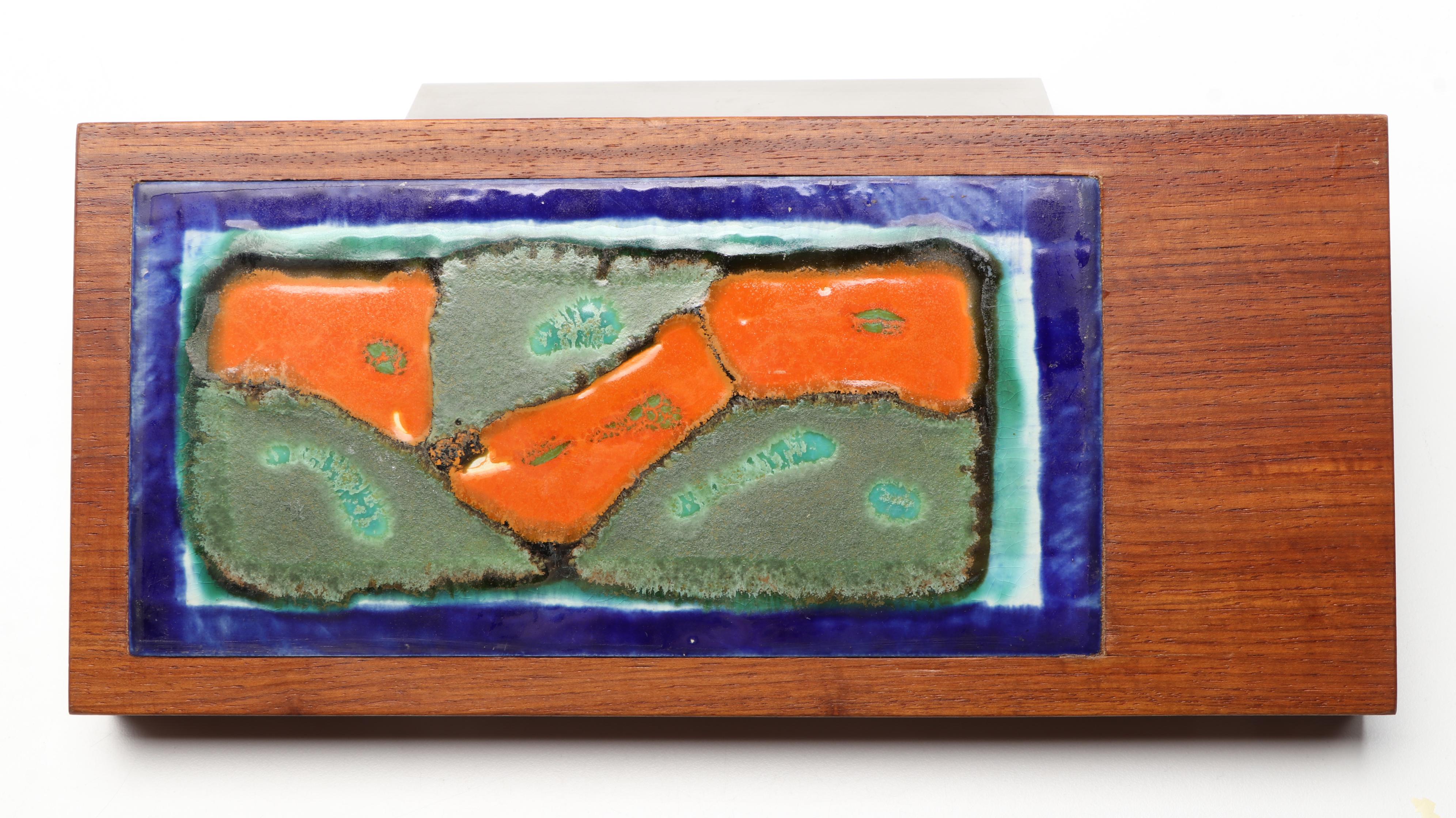 Pair of Mid Century Modern Abstract Enameled Copper and Walnut Door Handles