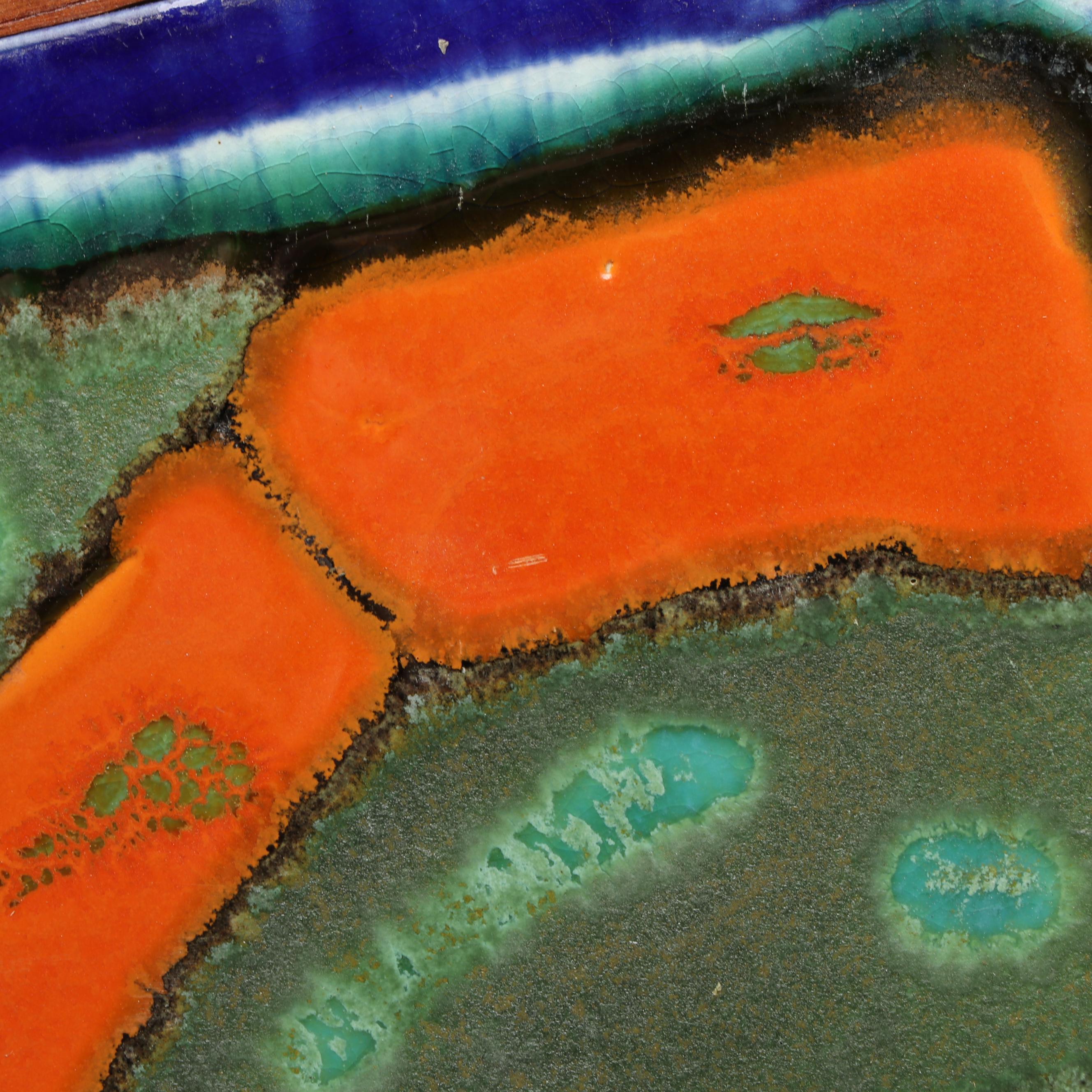 Pair of Mid Century Modern Abstract Enameled Copper and Walnut Door Handles