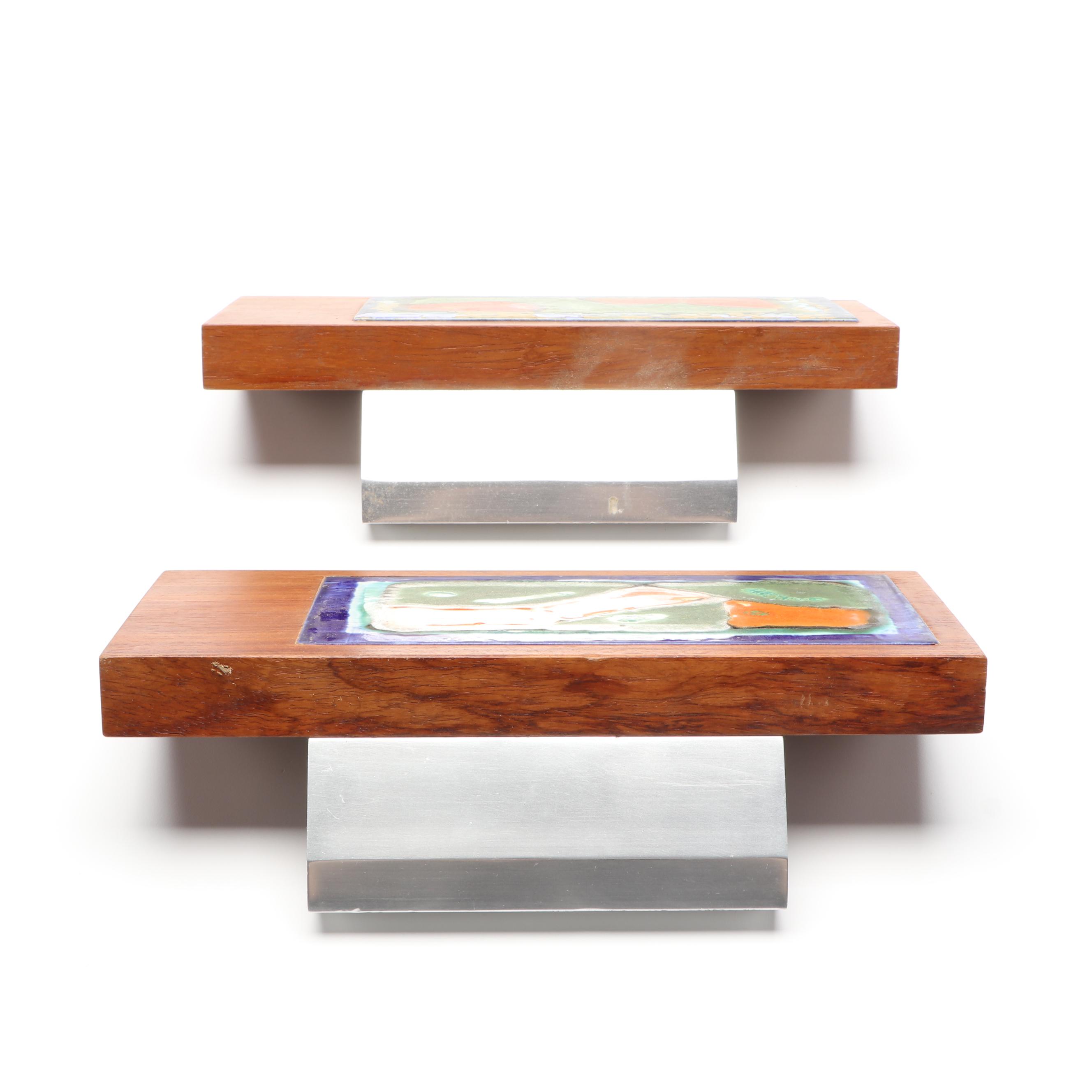 Pair of Mid Century Modern Abstract Enameled Copper and Walnut Door Handles