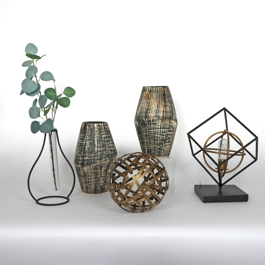 Metallic Ceramic Vases, Metal Sculpture, and Other Decor