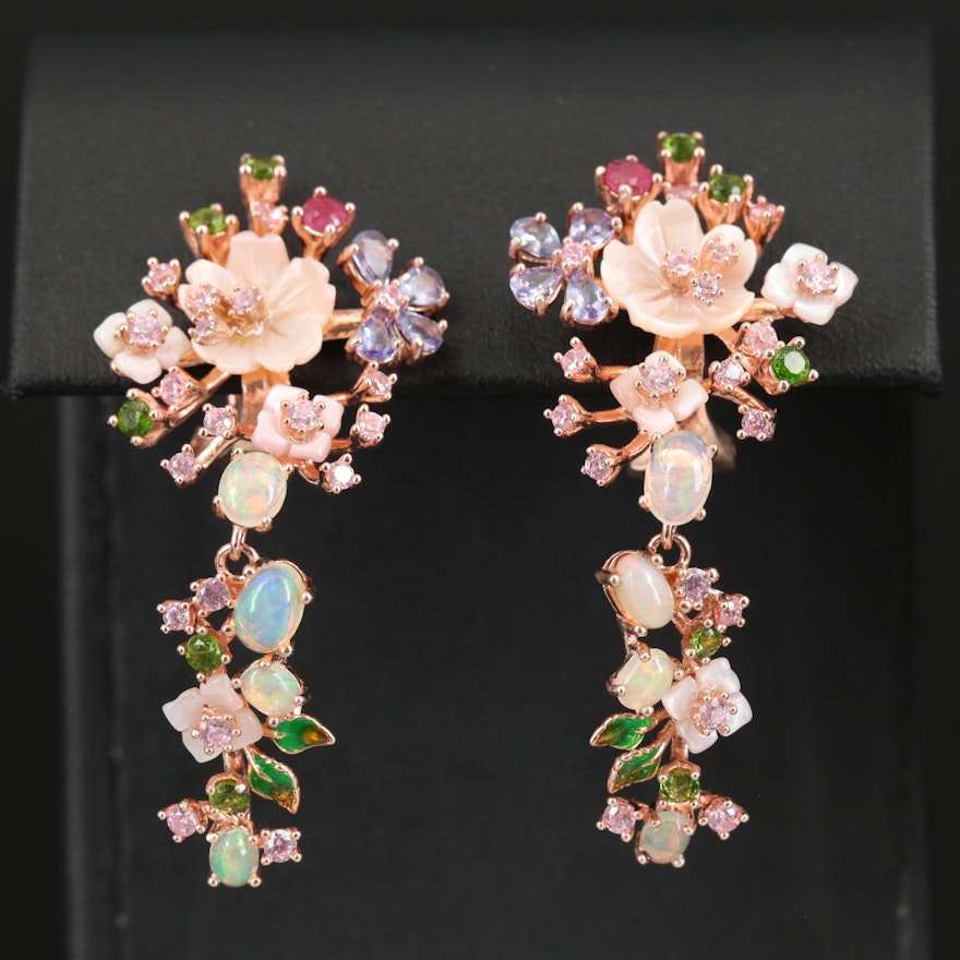 Sterling Floral Drop Earrings Featuring Opal, Tanzanite and Diopside