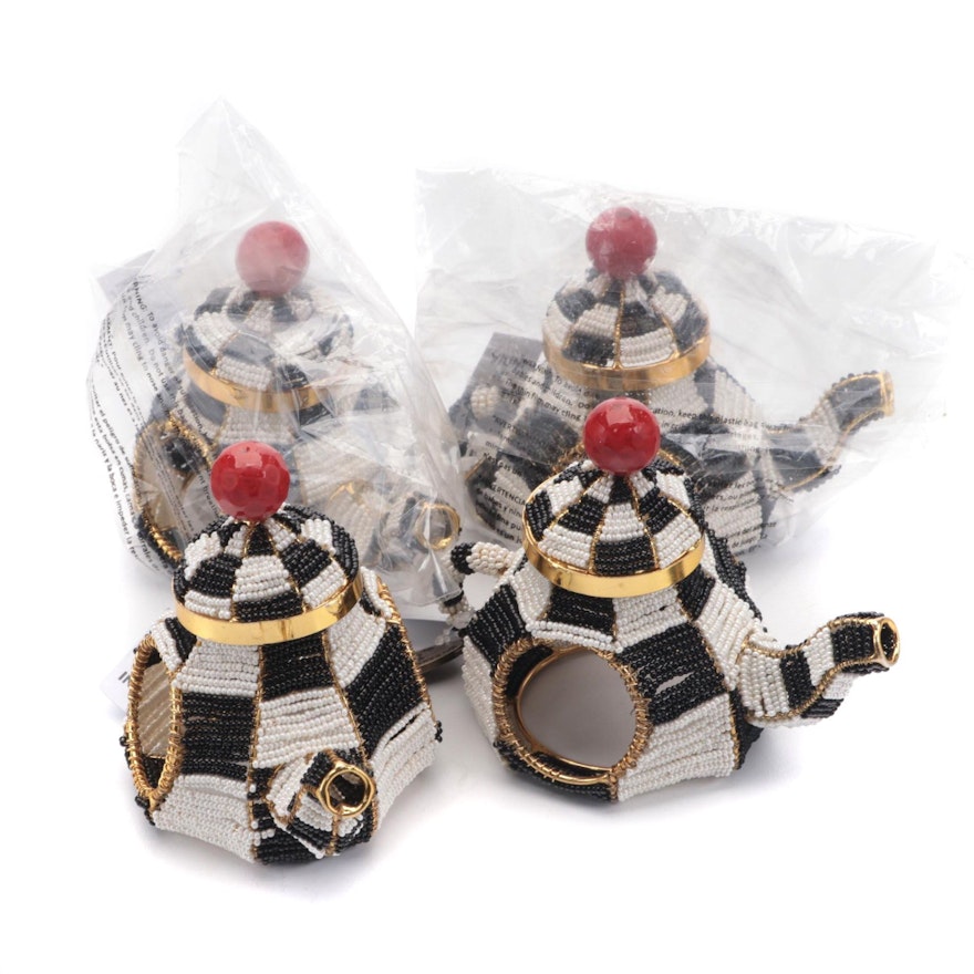 MacKenzie-Childs "Courtly Check" Tea Kettle Beaded Metal Napkin Rings
