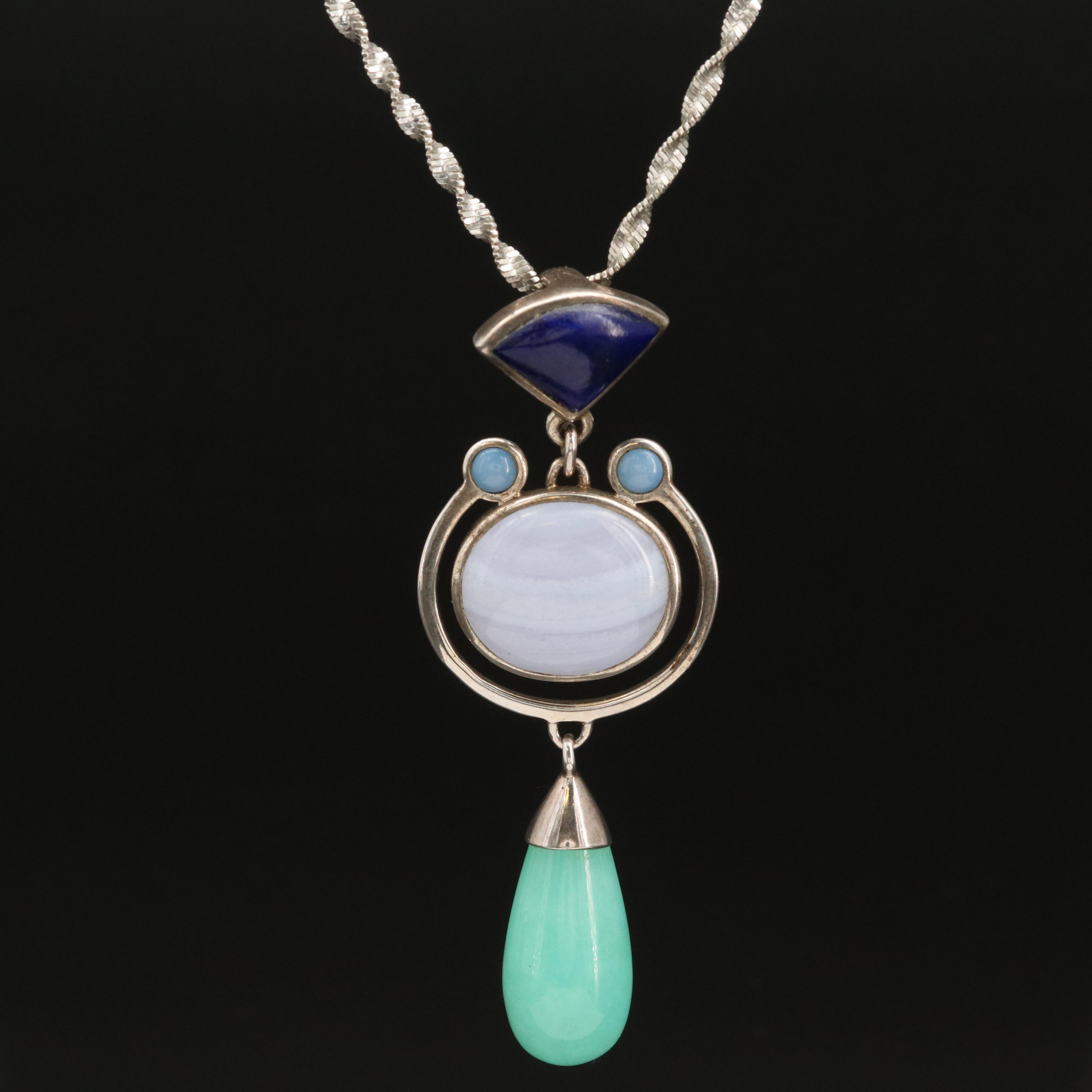 Sterling Lace Agate, Sodalite and Quartzite Pendant Necklace